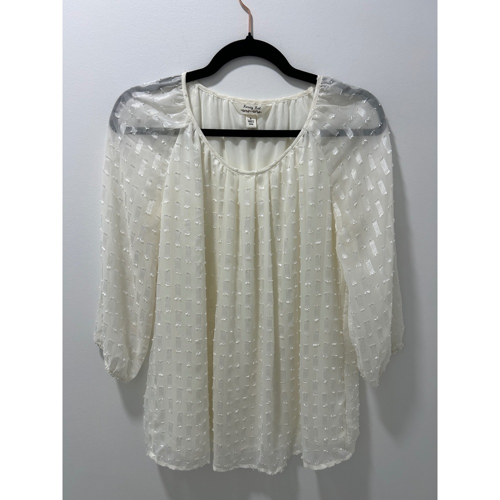 Krazy Kat Cream White Clip Dot Pleated Blouse Sheer 3/4 Sleeve Top Small
